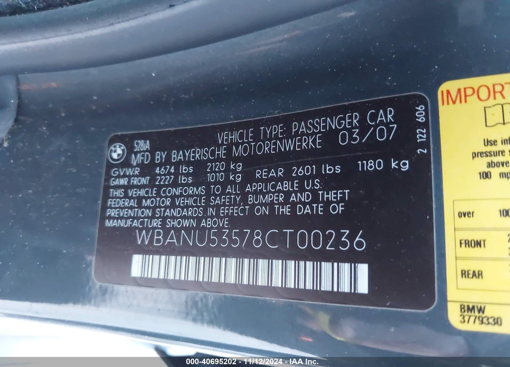 2008 BMW 528I VIN: WBANU53578CT00236