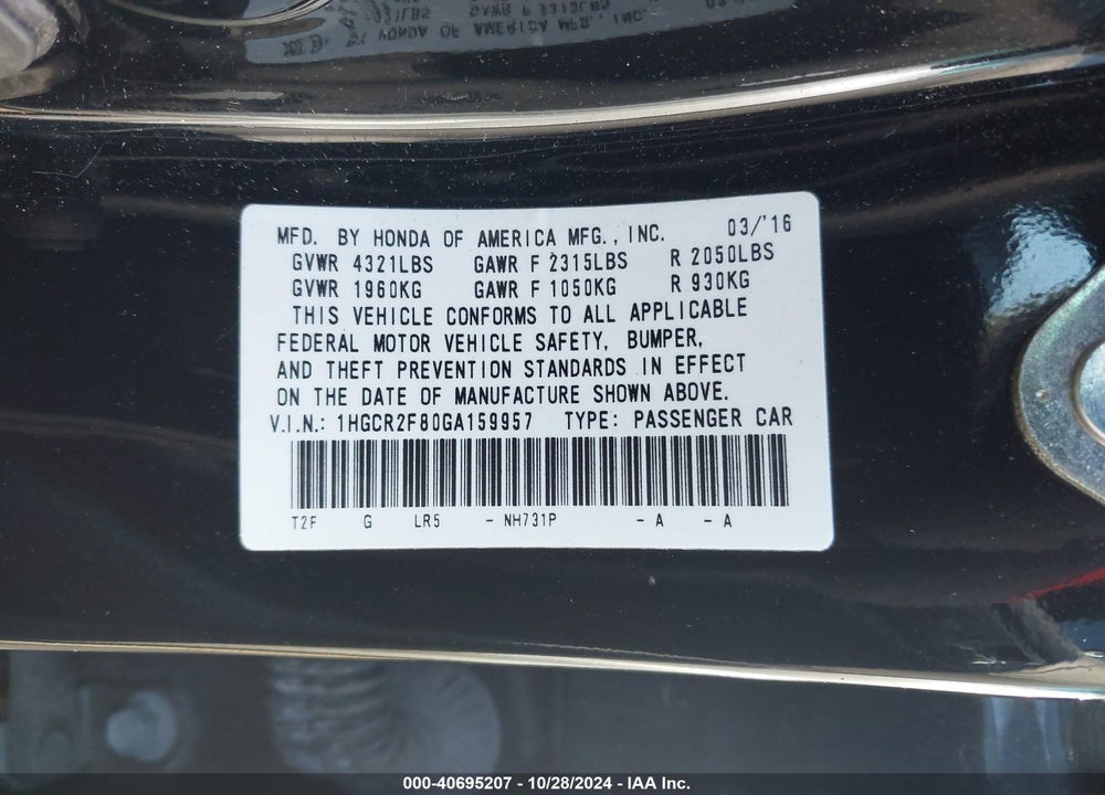 2016 HONDA ACCORD EX-L VIN: 1HGCR2F80GA159957