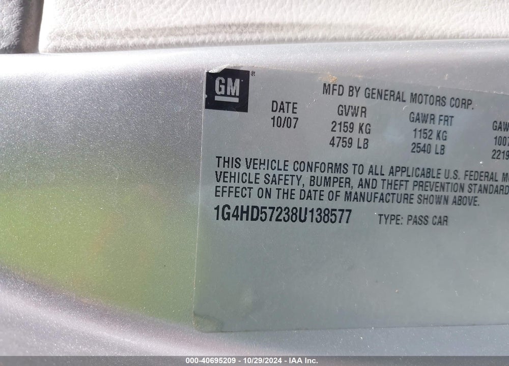 2008 BUICK LUCERNE CXL VIN: 1G4HD57238U138577