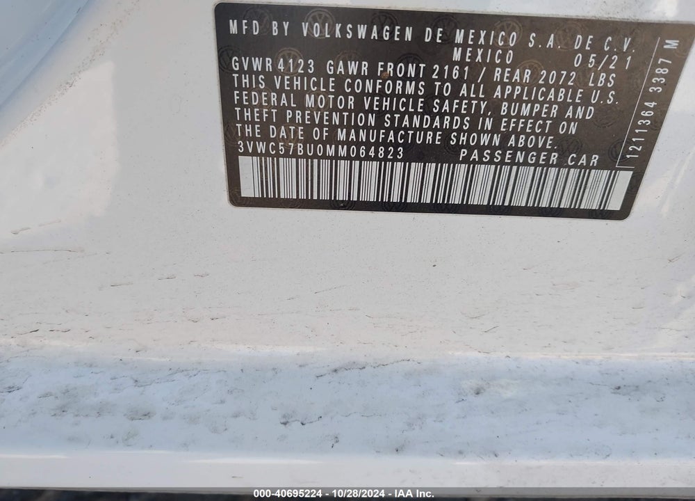 2021 VW JETTA VIN: 3VWC57BU0MM064823