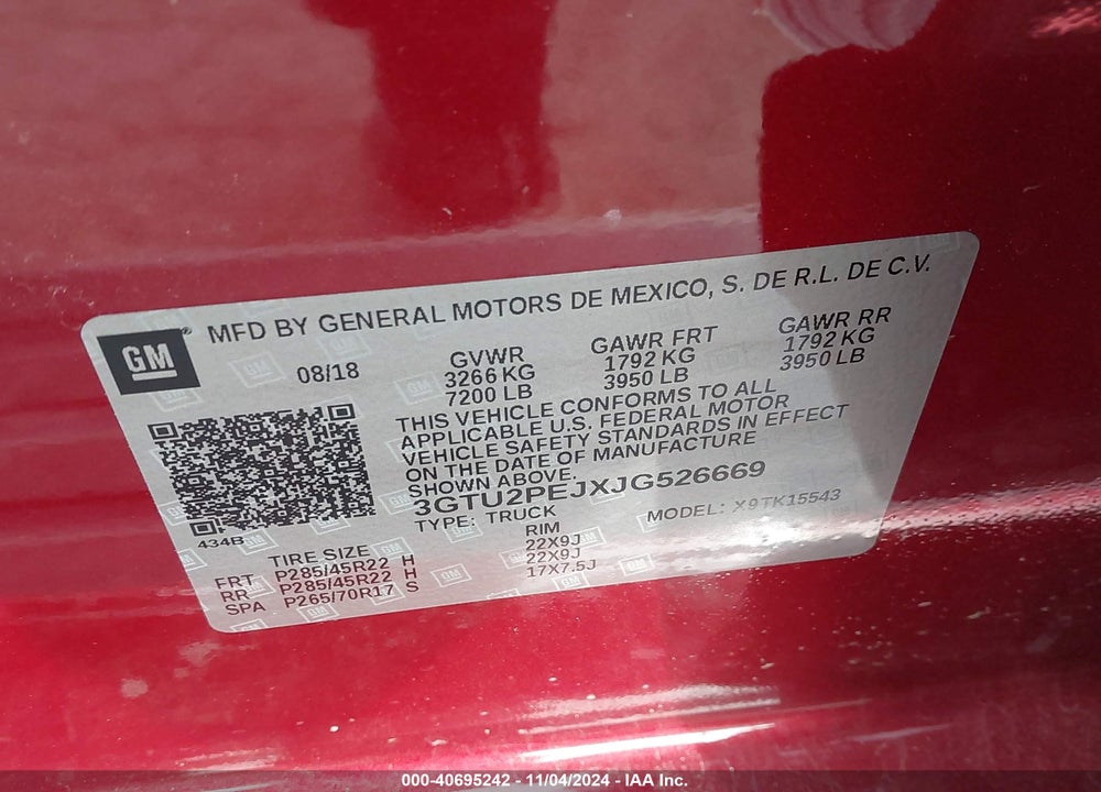 2018 GMC SIERRA 1500 DENALI VIN: 3GTU2PEJXJG526669