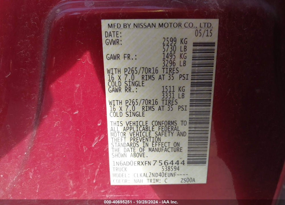 2015 NISSAN FRONTIER VIN: 1N6AD0ERXFN756444
