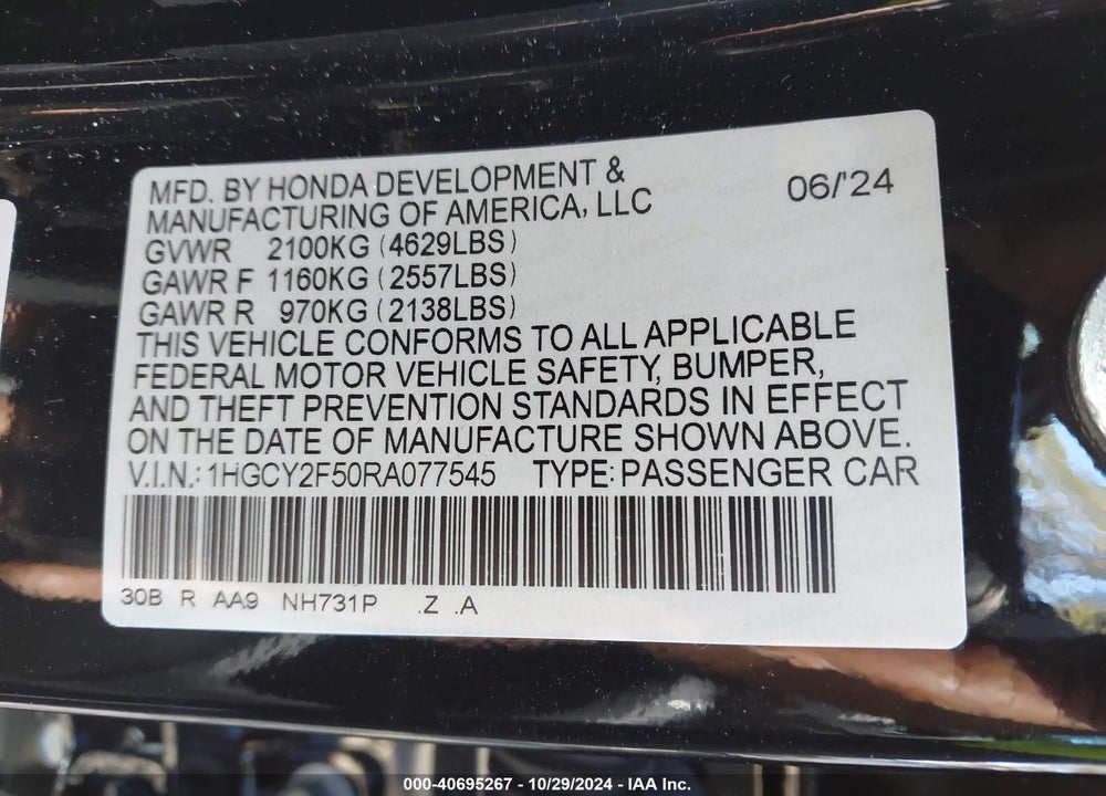 2024 HONDA ACCORD HYBRID SPORT VIN: 1HGCY2F50RA077545