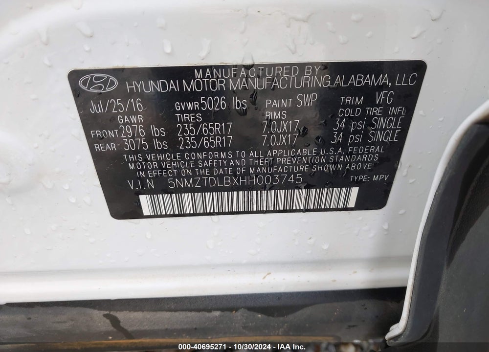 2017 HYUNDAI SANTA FE SPORT 2.4L VIN: 5NMZTDLBXHH003745