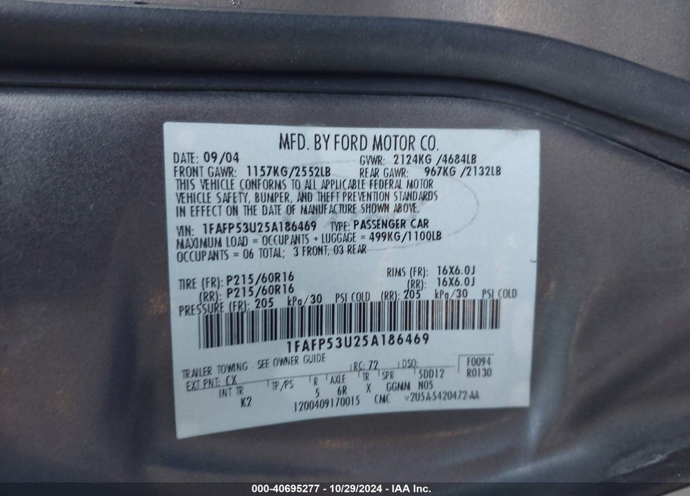 2005 FORD TAURUS SE VIN: 1FAFP53U25A186469