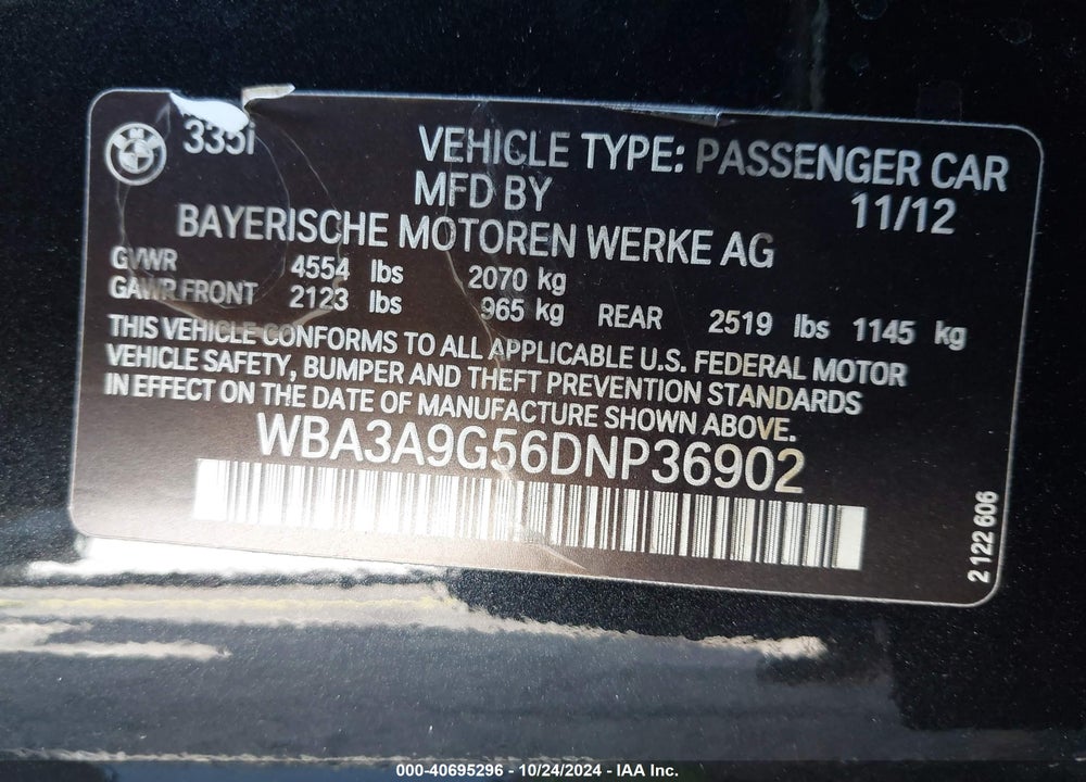2013 BMW 335I VIN: WBA3A9G56DNP36902