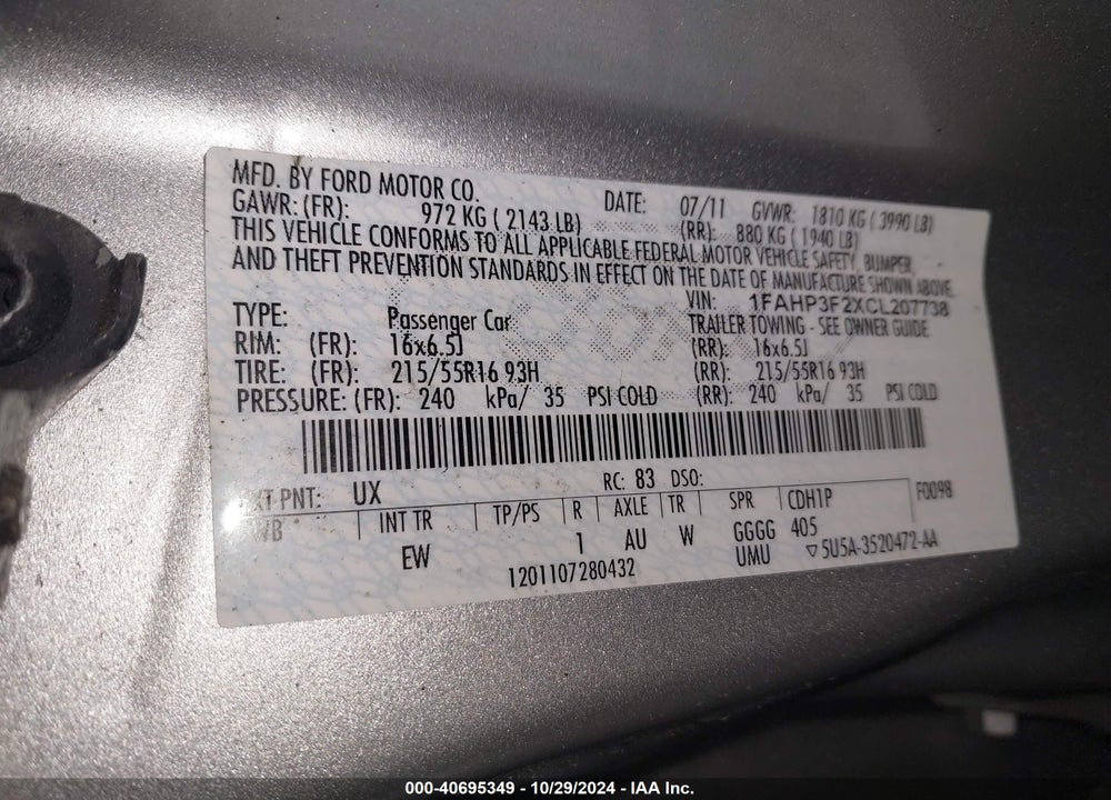 2012 FORD FOCUS SE VIN: 1FAHP3F2XCL207738