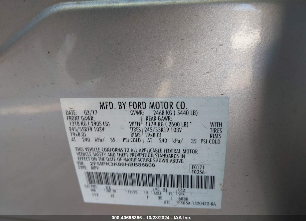 2017 FORD EDGE TITANIUM VIN: 2FMPK3K86HBB86808