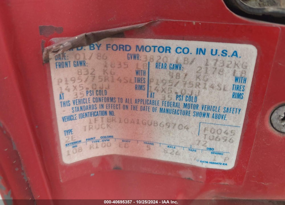 1986 FORD RANGER VIN: 1FTBR10A1GUB69704