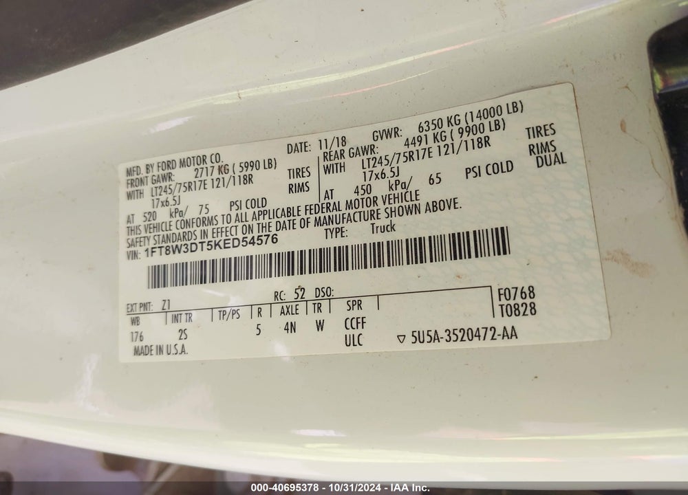2019 FORD F-350 XLT VIN: 1FT8W3DT5KED54576