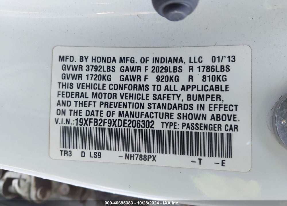 2013 HONDA CIVIC EX-L VIN: 19XFB2F9XDE206302