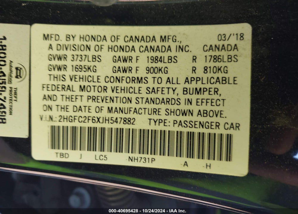 2018 HONDA CIVIC LX VIN: 2HGFC2F6XJH547882