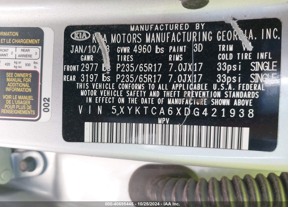 2013 KIA SORENTO LX VIN: 5XYKTCA6XDG421938
