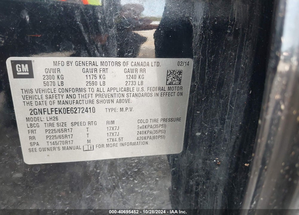 2014 CHEVROLET EQUINOX 1LT VIN: 2GNFLFEK0E6272410