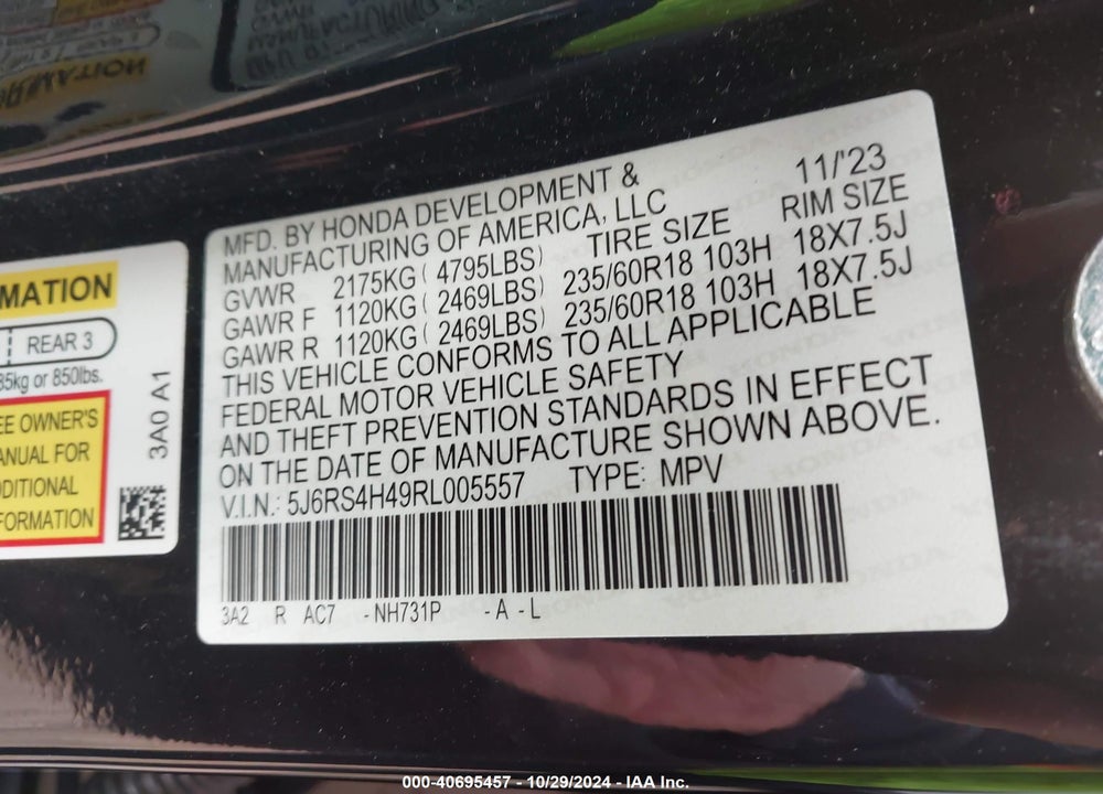 2024 HONDA CR-V EX AWD VIN: 5J6RS4H49RL005557