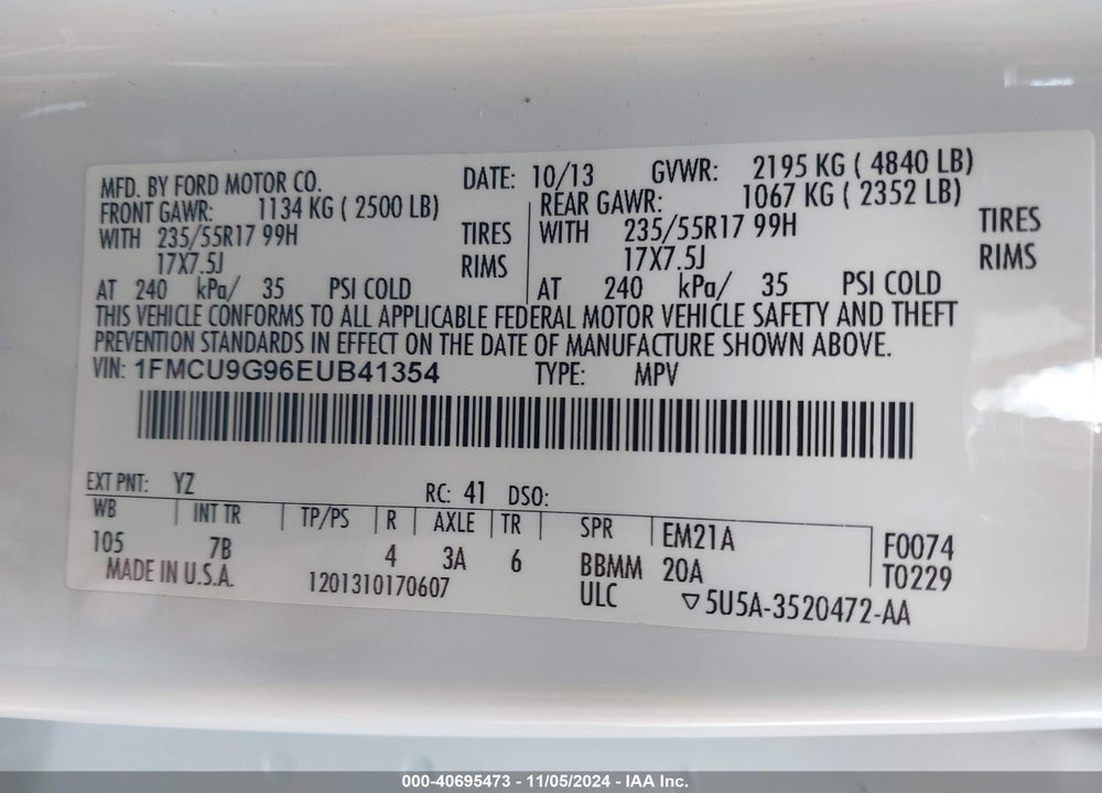 2014 FORD ESCAPE SE VIN: 1FMCU9G96EUB41354