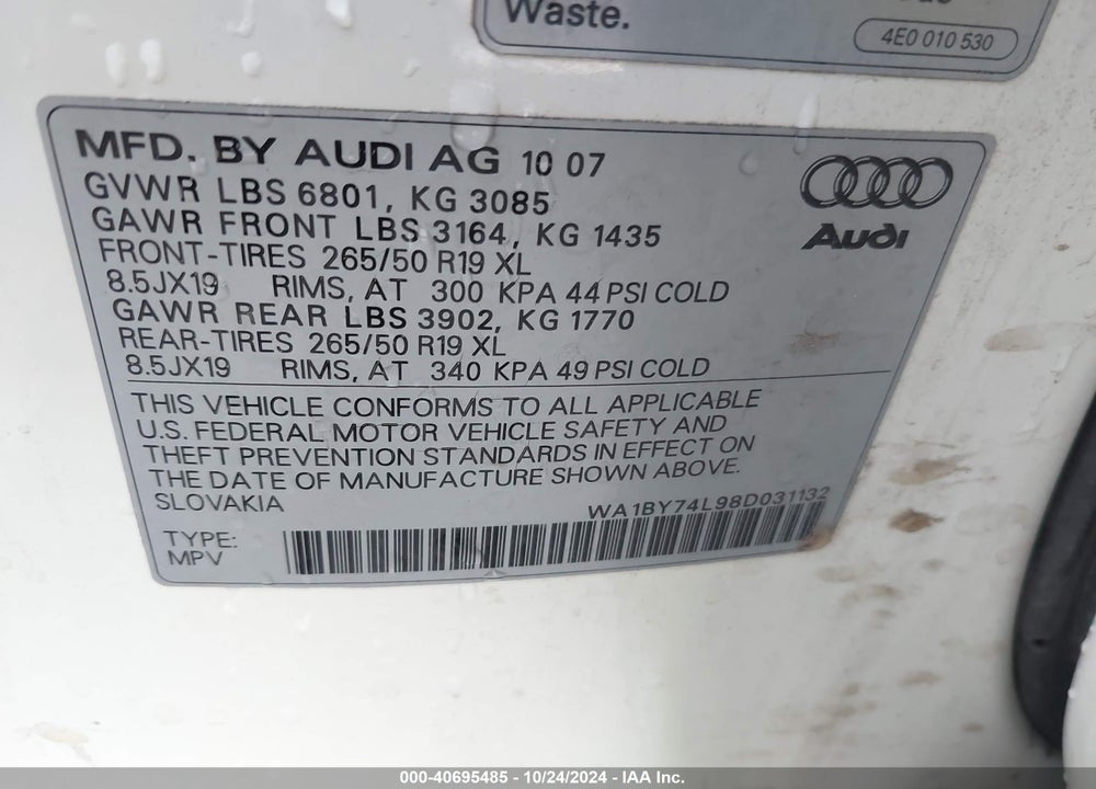 2008 AUDI Q7 3.6 PREMIUM VIN: WA1BY74L98D031132