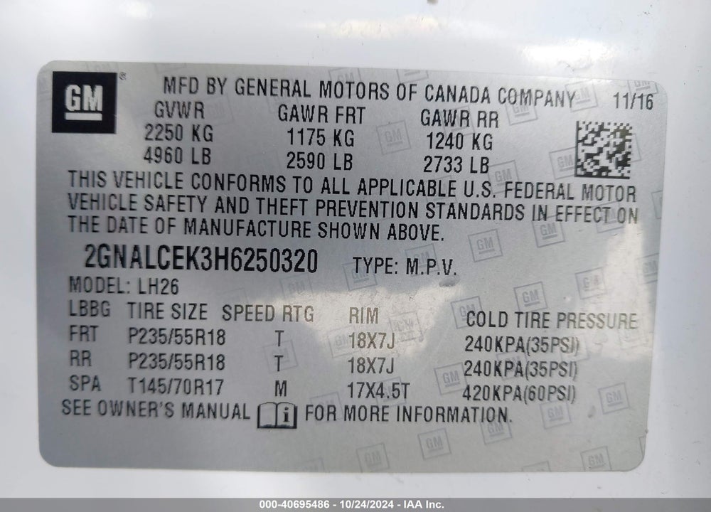 2017 CHEVROLET EQUINOX LT VIN: 2GNALCEK3H6250320