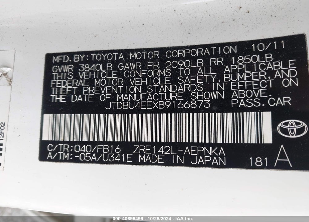 2011 TOYOTA COROLLA LE VIN: JTDBU4EEXB9166873