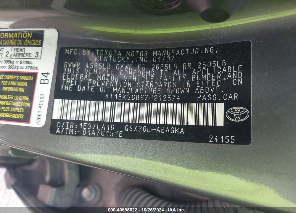2007 TOYOTA AVALON XLS VIN: 4T1BK36B67U212574
