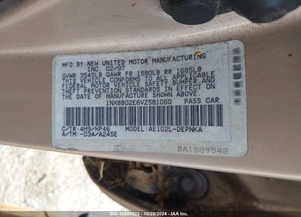 1997 TOYOTA COROLLA DX VIN: 1NXBB02E6VZ581060