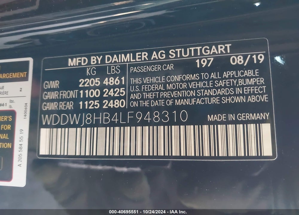 2020 MERCEDES-BENZ AMG C 63 S VIN: WDDWJ8HB4LF948310