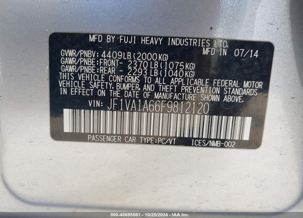 2015 SUBARU WRX VIN: JF1VA1A66F9812120