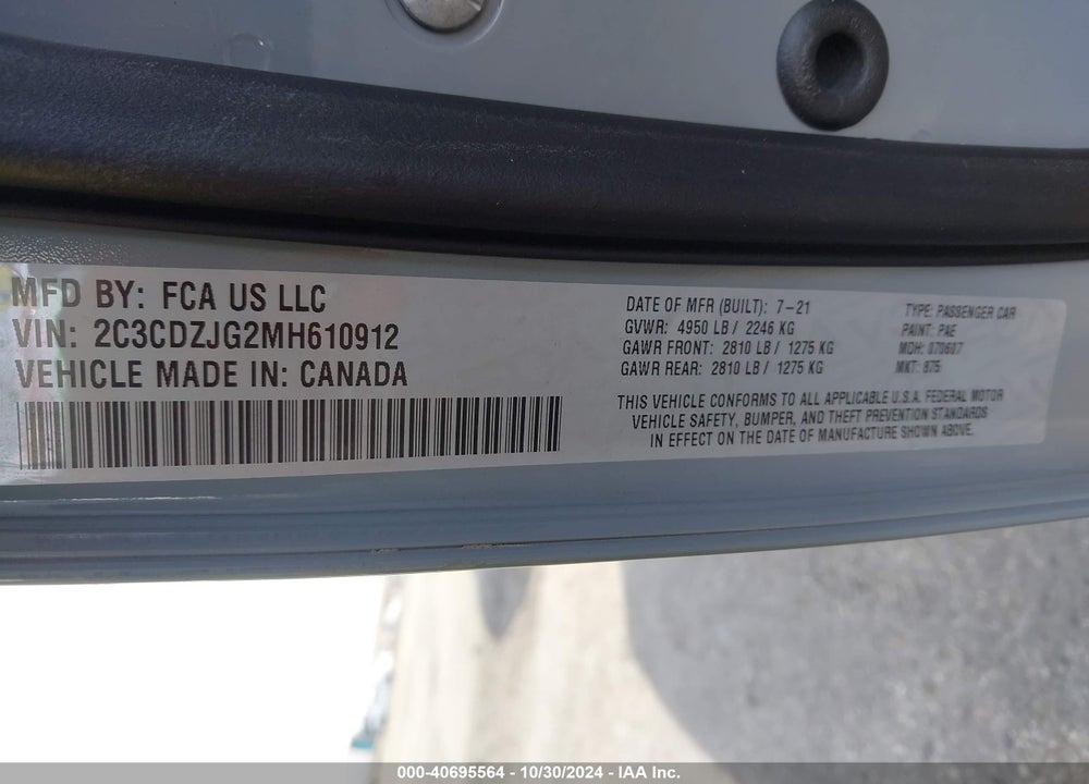 2021 DODGE CHALLENGER GT VIN: 2C3CDZJG2MH610912