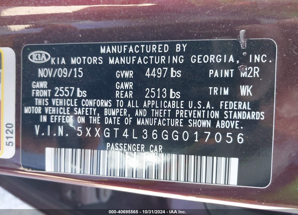 2016 KIA OPTIMA LX VIN: 5XXGT4L36GG017056