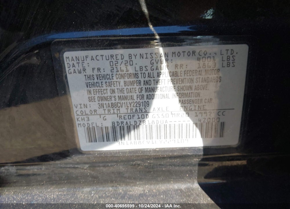 2020 NISSAN SENTRA SV XTRONIC CVT VIN: 3N1AB8CV1LY229109