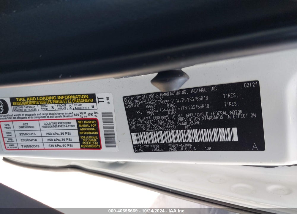 2021 TOYOTA HIGHLANDER LE VIN: 5TDZZRAH9MS056334
