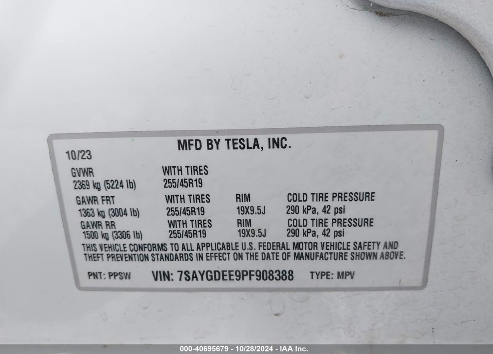2023 TESLA MODEL Y AWD/LONG RANGE DUAL MOTOR ALL-WHEEL DRIVE VIN: 7SAYGDEE9PF908388