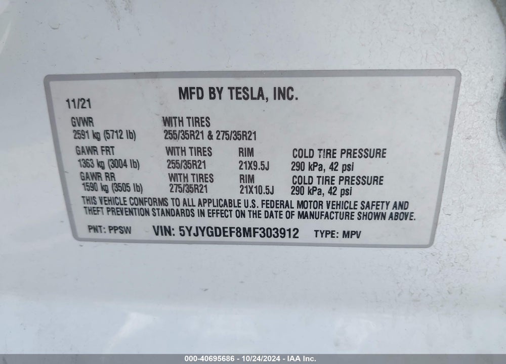 2021 TESLA MODEL Y PERFORMANCE DUAL MOTOR ALL-WHEEL DRIVE VIN: 5YJYGDEF8MF303912