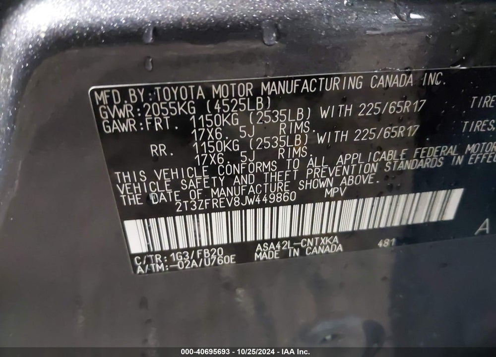 2018 TOYOTA RAV4 LE VIN: 2T3ZFREV8JW449860