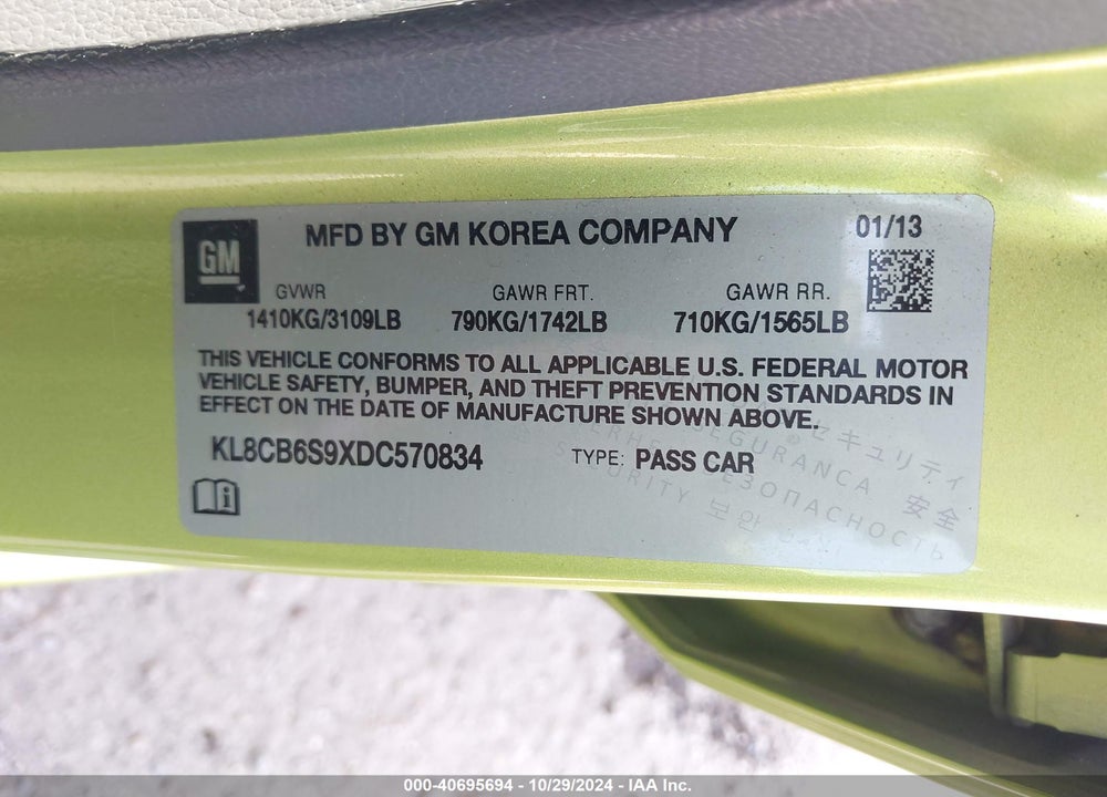 2013 CHEVROLET SPARK LS AUTO VIN: KL8CB6S9XDC570834