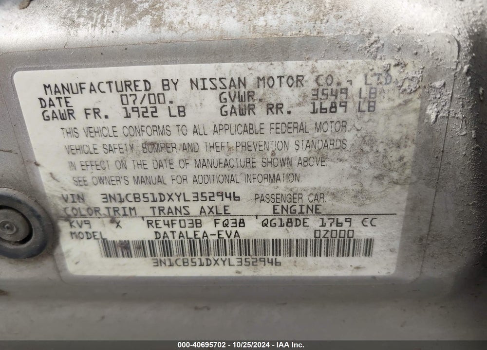 2000 NISSAN SENTRA VIN: 3N1CB51DXYL352946