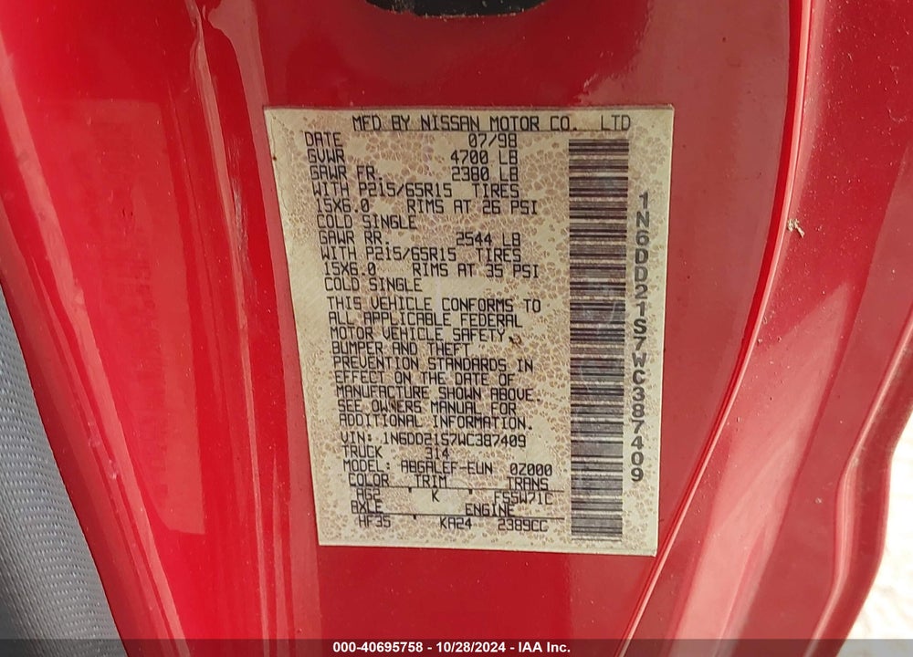 1998 NISSAN FRONTIER STANDARD/XE VIN: 1N6DD21S7WC387409