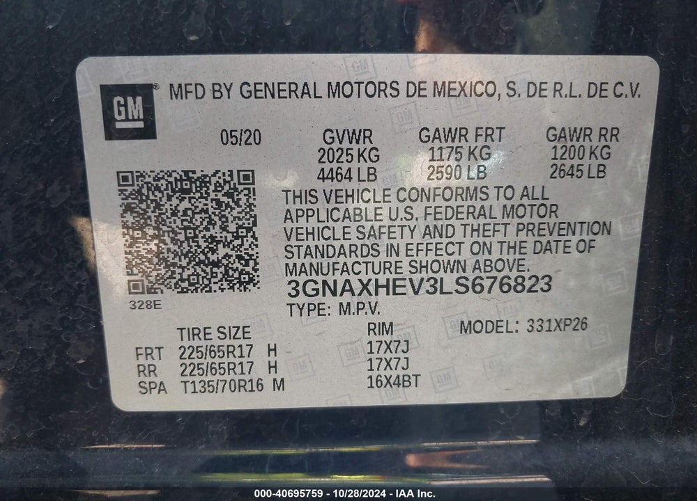 2020 CHEVROLET EQUINOX FWD LS VIN: 3GNAXHEV3LS676823