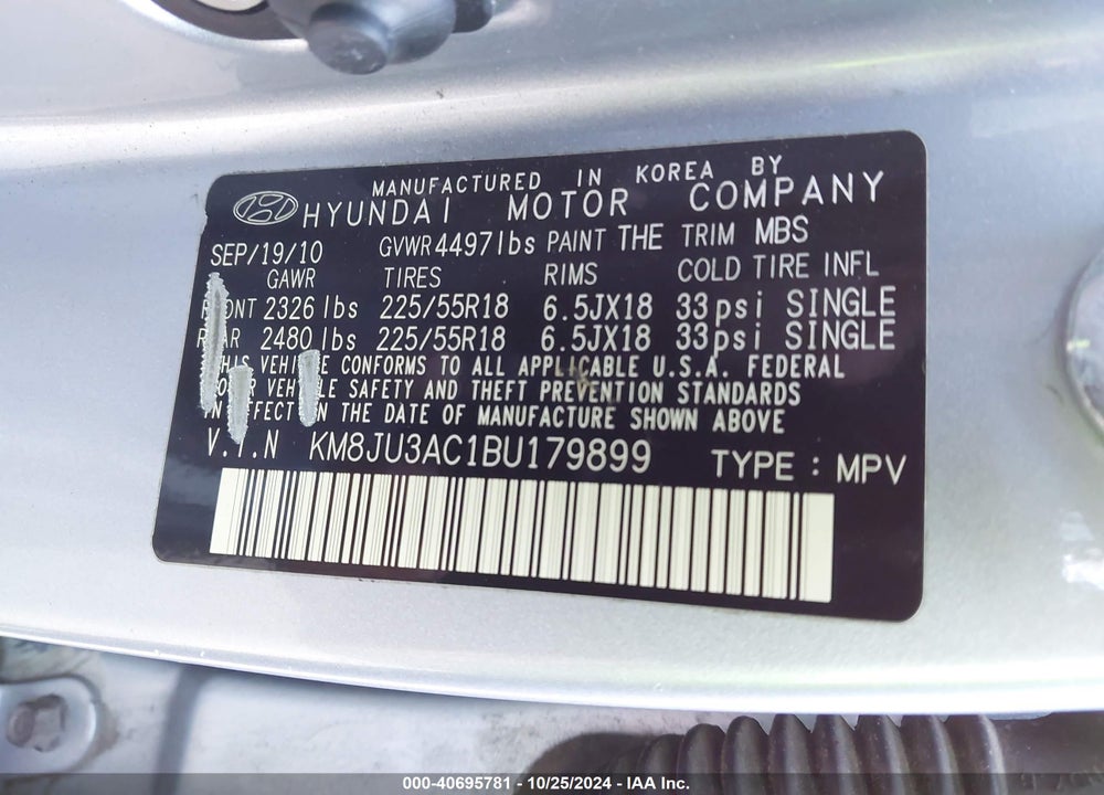 2011 HYUNDAI TUCSON LIMITED VIN: KM8JU3AC1BU179899