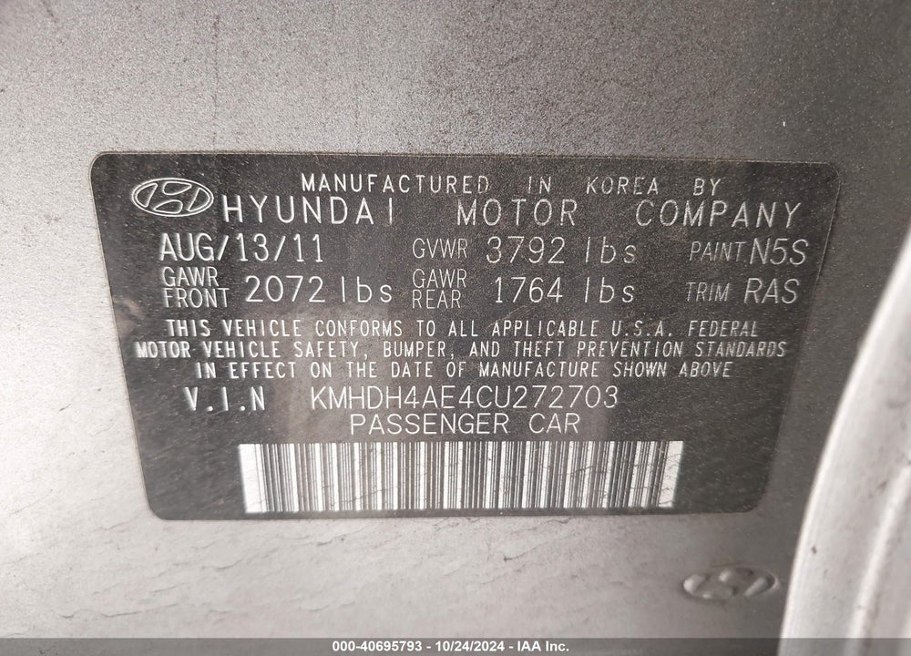 2012 HYUNDAI ELANTRA GLS (ULSAN PLANT) VIN: KMHDH4AE4CU272703