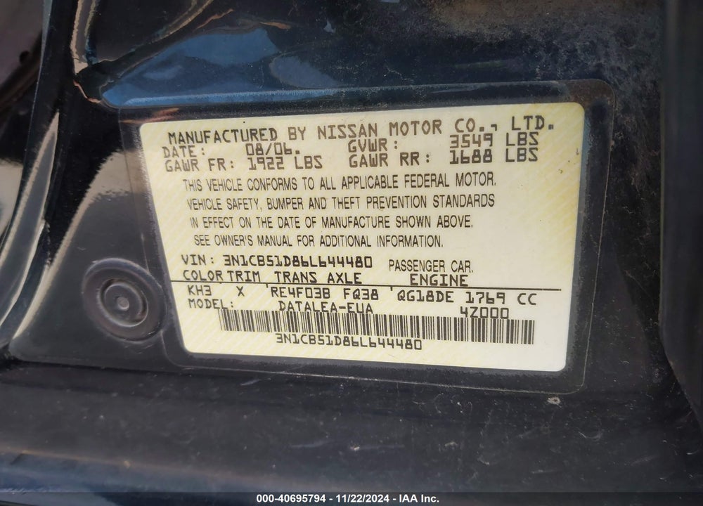2006 NISSAN SENTRA 1.8S VIN: 3N1CB51D86L644480