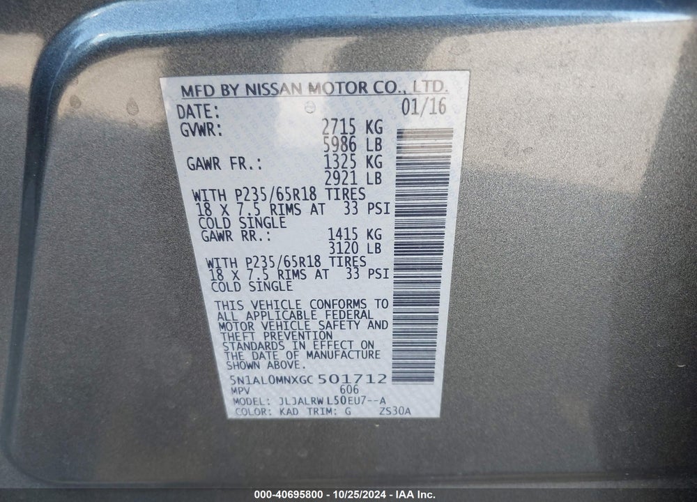 2016 INFINITI QX60 VIN: 5N1AL0MNXGC501712