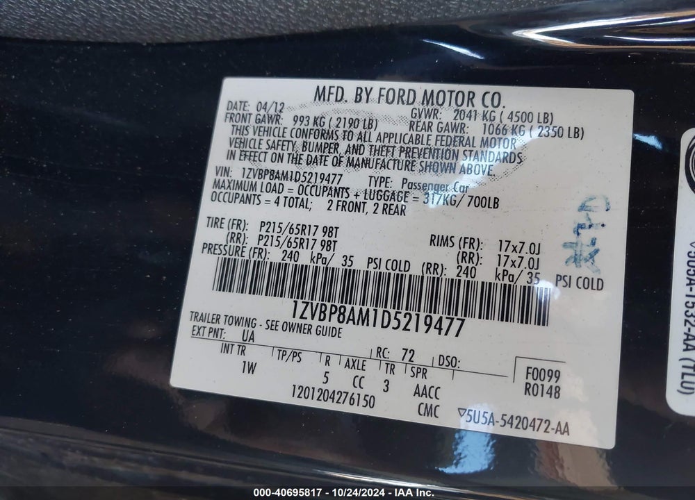 2013 FORD MUSTANG V6 VIN: 1ZVBP8AM1D5219477