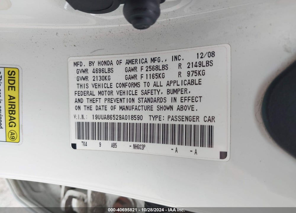 2009 ACURA TL VIN: 19UUA86529A018590