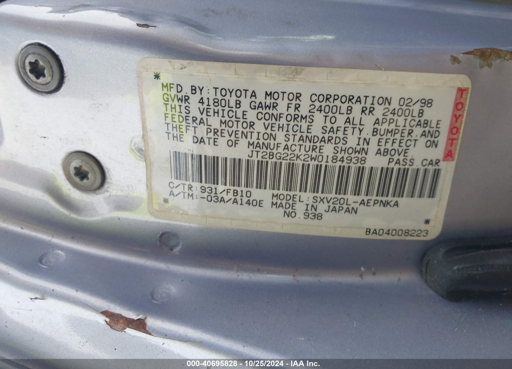 1998 TOYOTA CAMRY LE VIN: JT2BG22K2W0184938