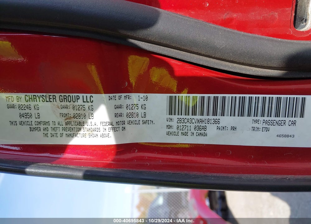 2010 DODGE CHARGER SXT VIN: 2B3CA3CVXAH181366