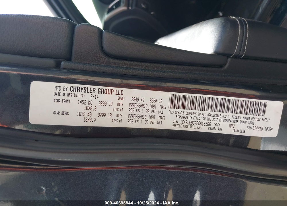 2015 JEEP GRAND CHEROKEE LIMITED VIN: 1C4RJEBG7FC615566