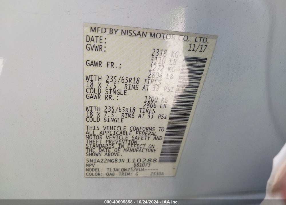 2018 NISSAN MURANO SV VIN: 5N1AZ2MG8JN110288