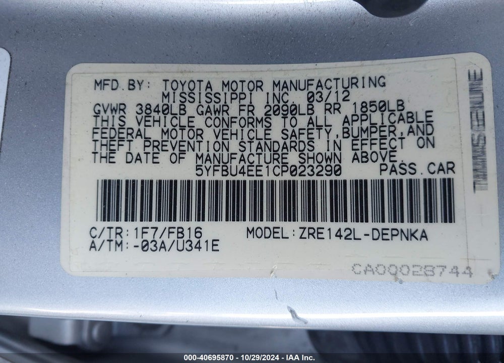 2012 TOYOTA COROLLA LE VIN: 5YFBU4EE1CP023290