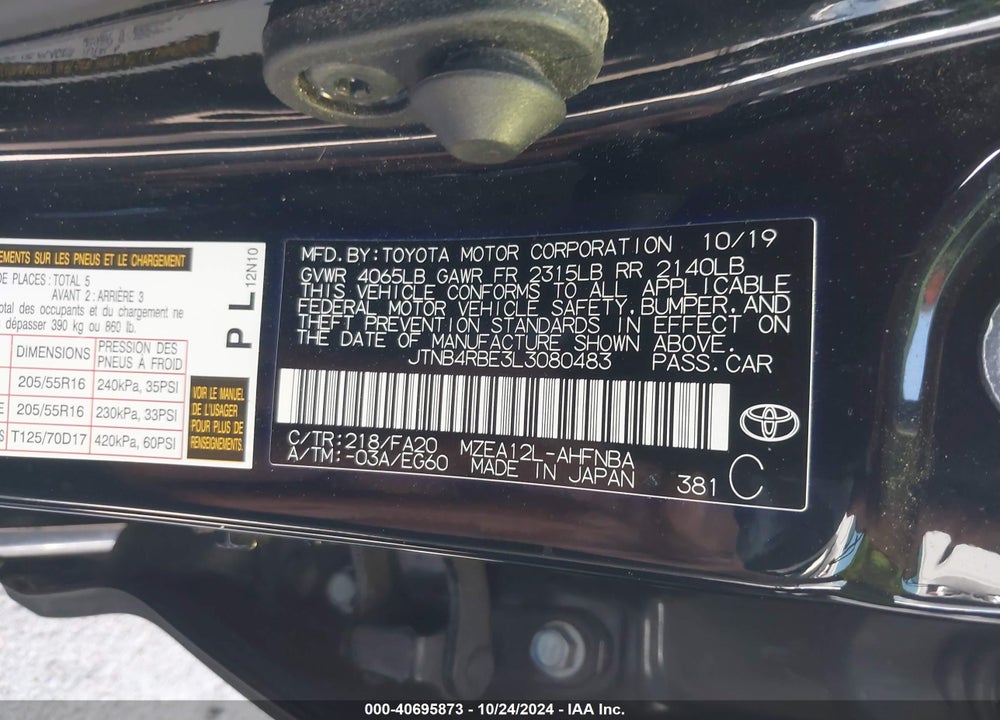 2020 TOYOTA COROLLA VIN: JTNB4RBE3L3080483